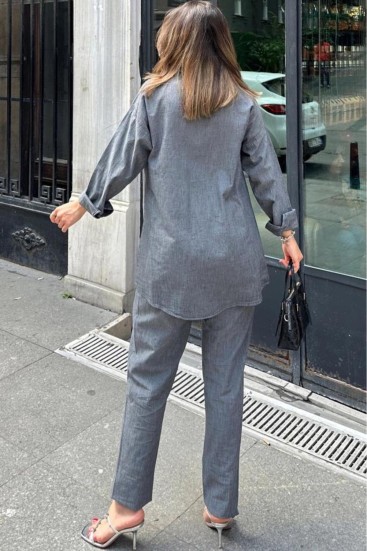 Pasaklı Giyim Kadın Antrasit Uzun Kollu Cepli Gömlek ve Beli Lastikli Pantolon Takım 3317451