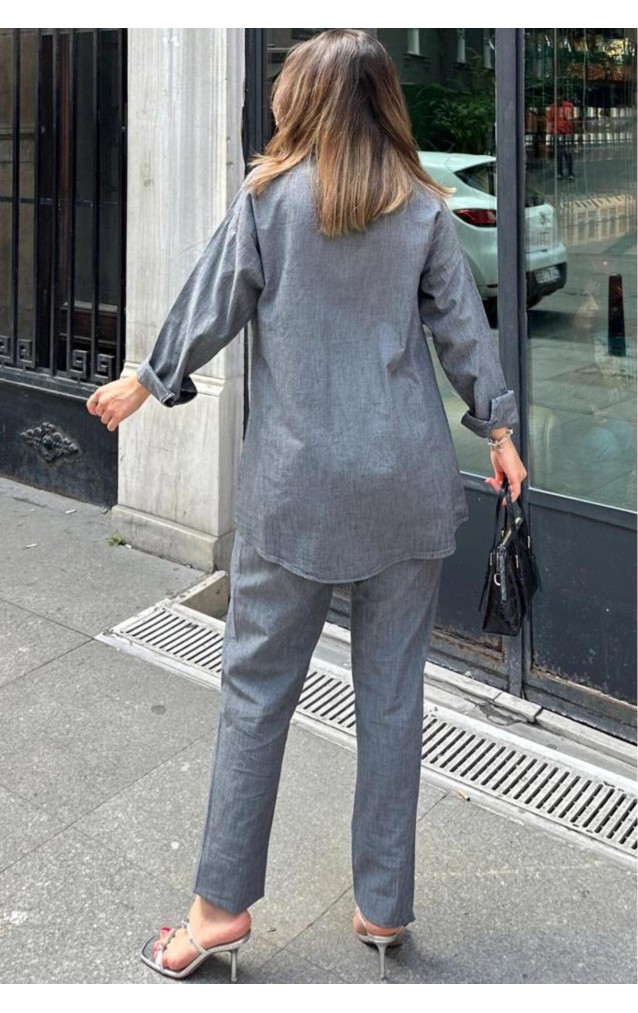 Pasaklı Giyim Kadın Antrasit Uzun Kollu Cepli Gömlek ve Beli Lastikli Pantolon Takım 3317451