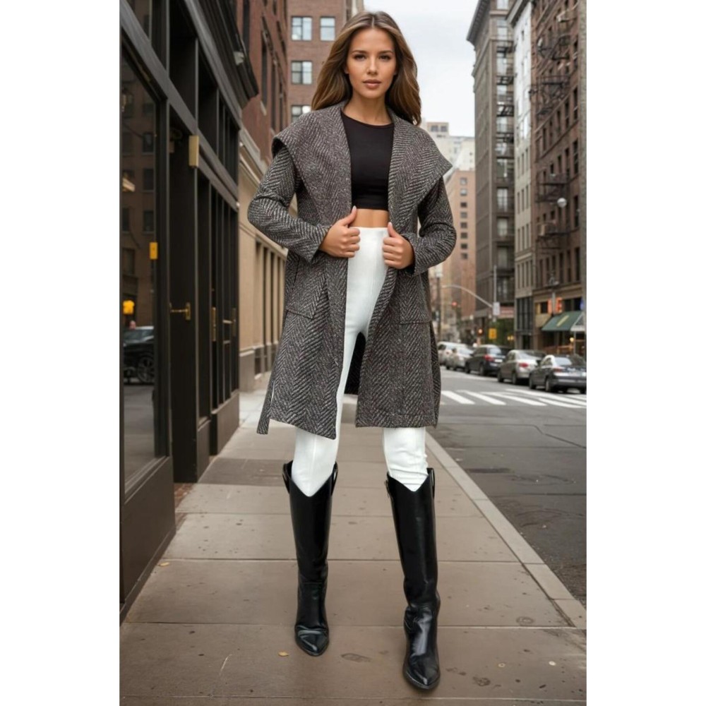 Pasaklı Giyim Pasaklı Giyim Balık Sırtı Kapüşonlu Kaşe Kaban Kahverngi - Premium Kadın Giyim