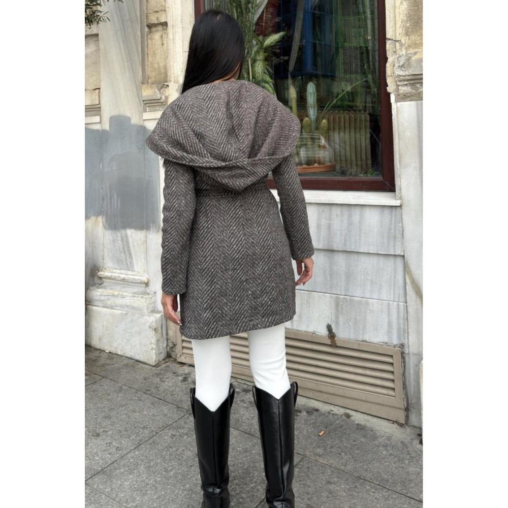 Pasaklı Giyim Pasaklı Giyim Balık Sırtı Kapüşonlu Kaşe Kaban Kahverngi - Premium Kadın Giyim