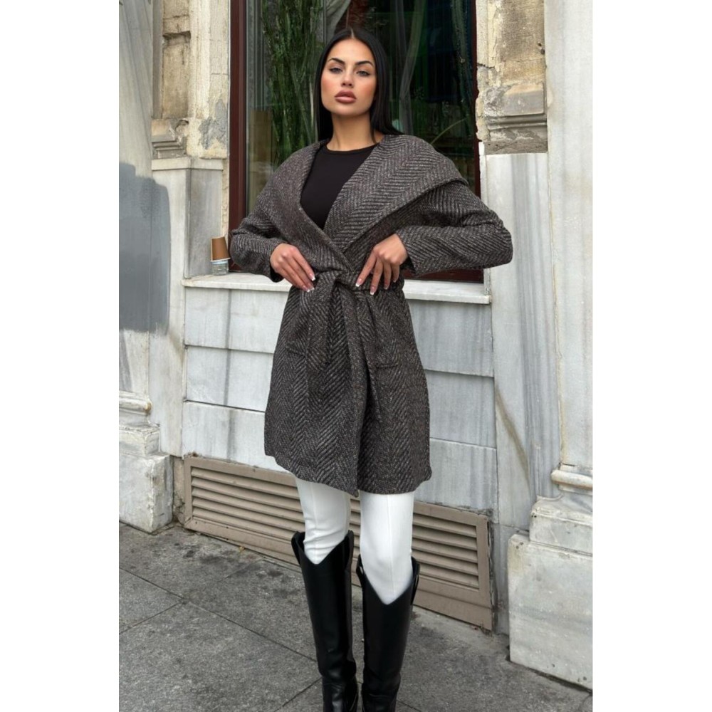 Pasaklı Giyim Pasaklı Giyim Balık Sırtı Kapüşonlu Kaşe Kaban Kahverngi - Premium Kadın Giyim