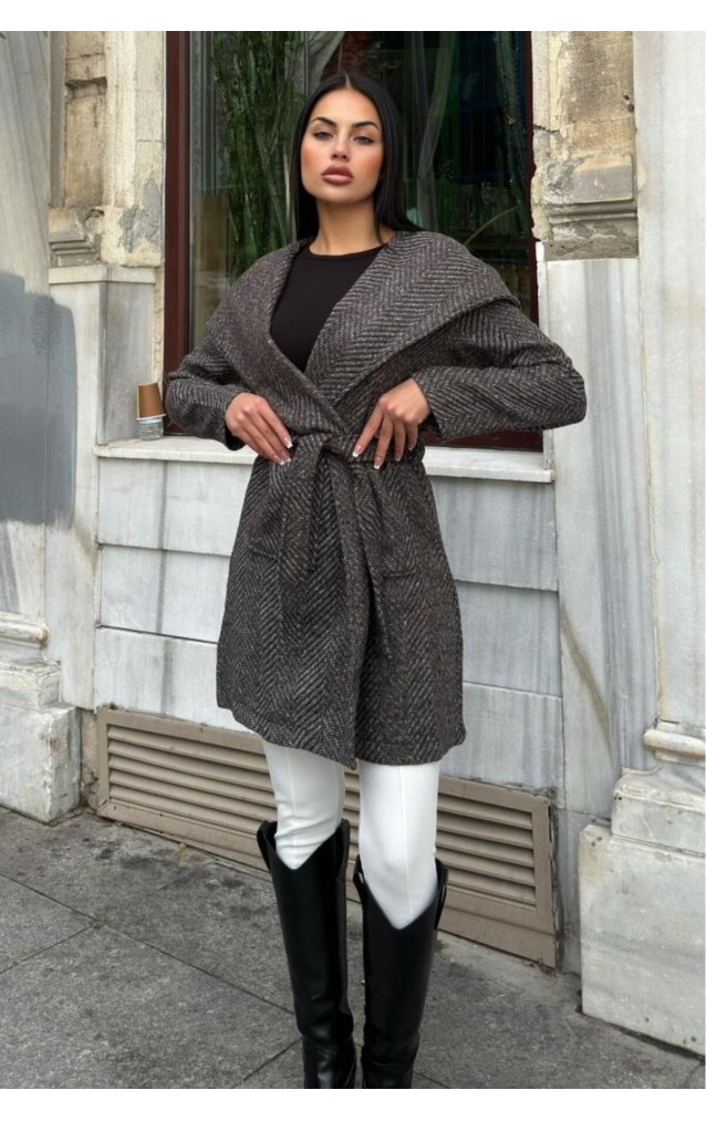 Pasaklı Giyim Balık Sırtı Kapüşonlu Kaşe Kaban 3688461 Kahverengi