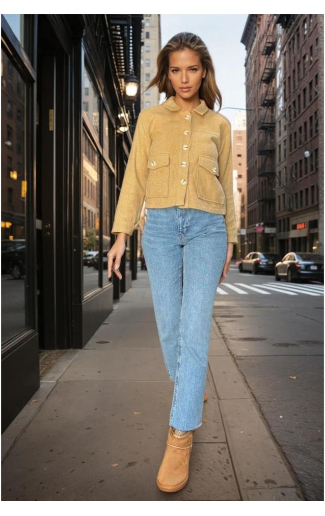 Kadın Kaşe Ceket – Düğmeli, Çift Cepli, Klasik Yaka, Günlük Şık Stil -Karamel 3291275