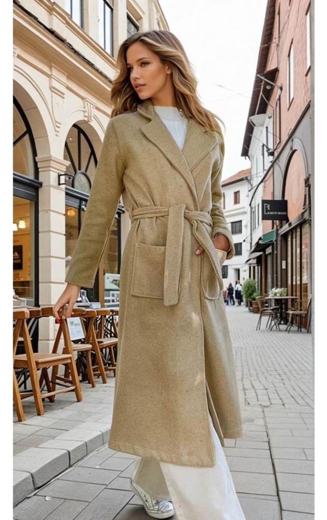 Pasaklı Giyim Kadın Kaşe Uzun Şal Yaka Palto Kaban – 3310451  Karamel
