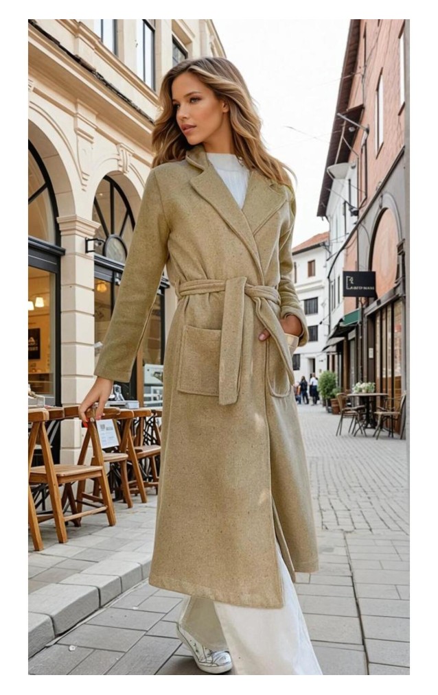 Pasaklı Giyim Kadın Kaşe Uzun Şal Yaka Palto Kaban – 3310451  Karamel