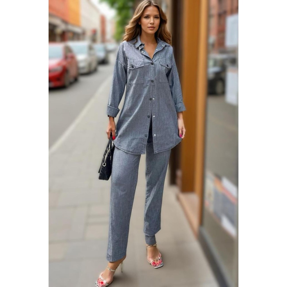 Pasaklı Giyim Pasaklı Giyim Kadın Antrasit Uzun Kollu Cepli Gömlek ve Beli Lastikli Pantolon Takım - Premium Kadın Giyim