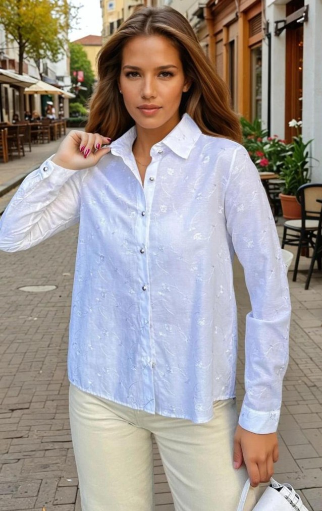 Pasaklı Giyim Kadın Beyaz Klasik Basic Poplin Gömlek-Nakış Detaylı 3398253