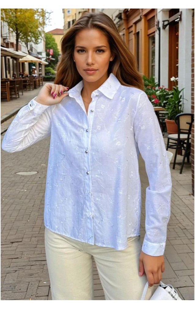 Pasaklı Giyim Kadın Beyaz Klasik Basic Poplin Gömlek-Nakış Detaylı 3398253