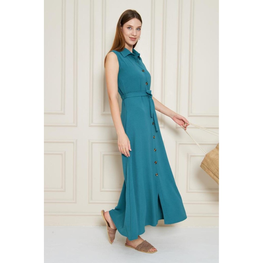 Pasaklı Giyim Pasaklı Giyim Giy Çık Kolsuz Uzun Gömlek Elbise Petrol Yeşil - Premium Kadın Giyim