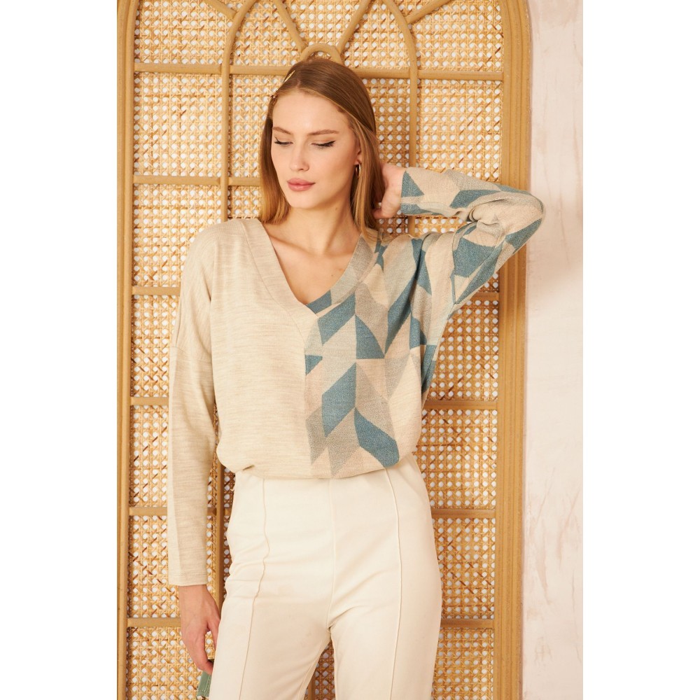 Pasaklı Giyim Kadın Petrol Yeşil Bej Salaş Oversize Geniş Kesim V Yaka Yumuşak Doku Akrilik Kazak - Premium Kadın Giyim