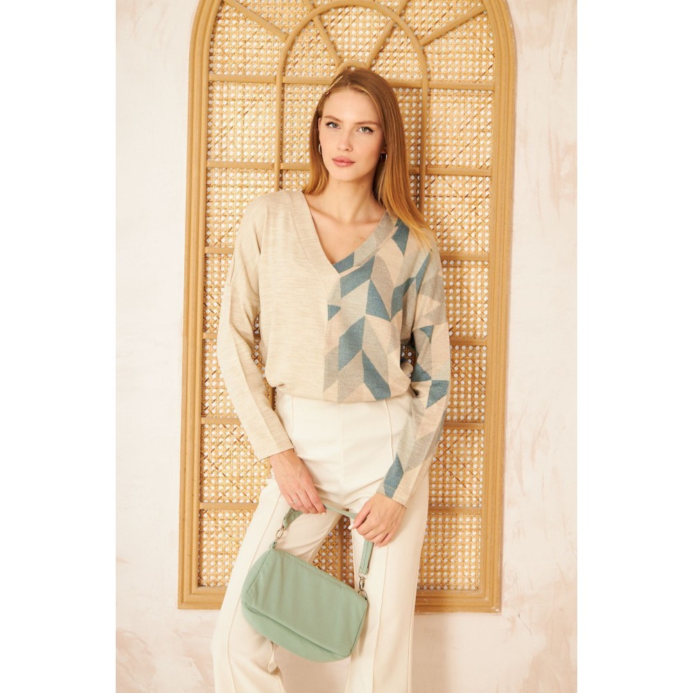 Pasaklı Giyim Kadın Petrol Yeşil Bej Salaş Oversize Geniş Kesim V Yaka Yumuşak Doku Akrilik Kazak - Premium Kadın Giyim