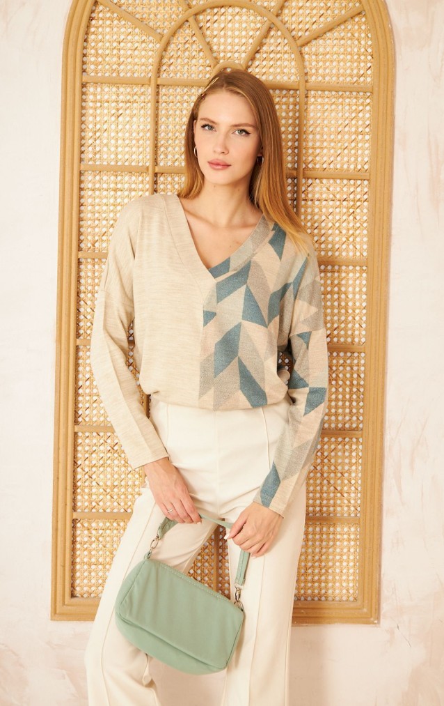 Kadın Petrol Yeşil Bej Salaş Oversize Geniş Kesim V Yaka Yumuşak Doku Akrilik Kazak 3481200