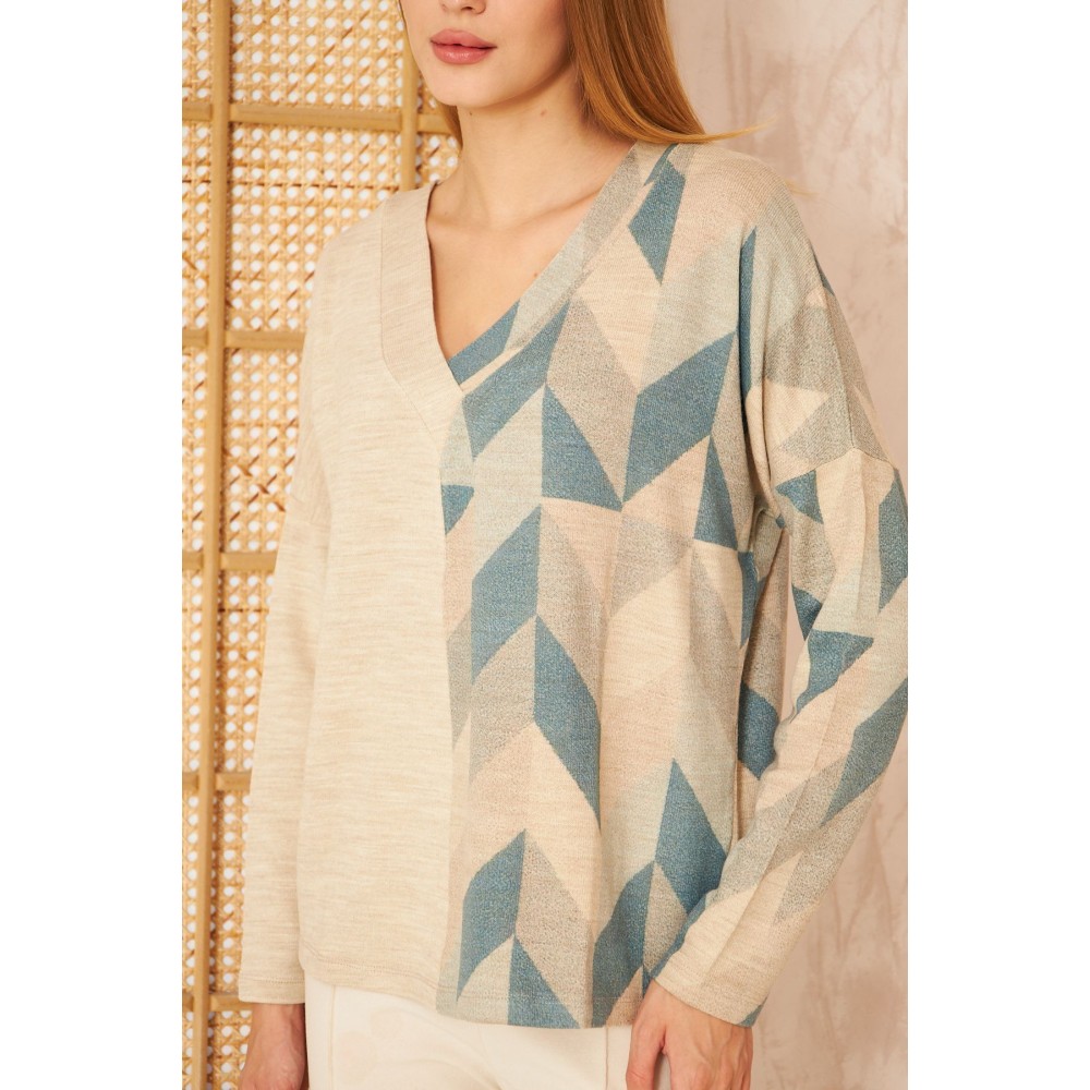 Pasaklı Giyim Kadın Petrol Yeşil Bej Salaş Oversize Geniş Kesim V Yaka Yumuşak Doku Akrilik Kazak - Premium Kadın Giyim