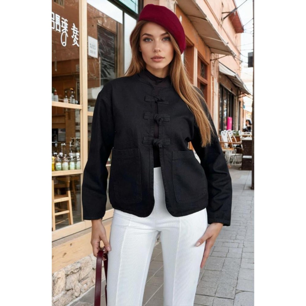 Pasaklı Giyim Pasaklı Giyim Kadın Kot Ceket – Bağlama Detaylı, Oval Kesim Siyah - Premium Kadın Giyim