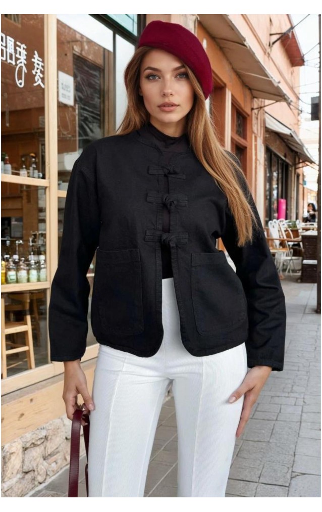 Pasaklı Giyim Kadın Kot Ceket – Bağlama Detaylı, Oval Kesim KT00102451  Siyah