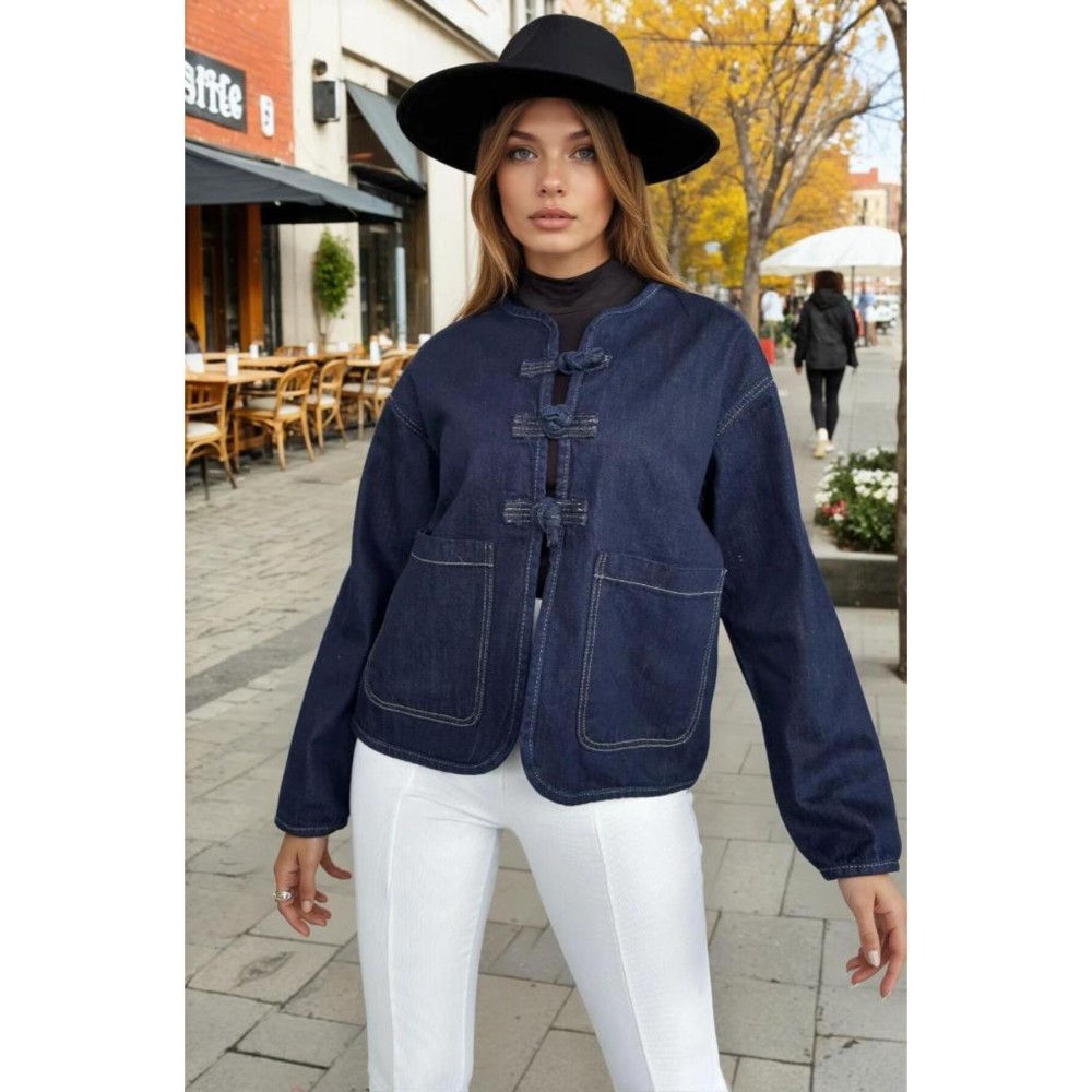 Pasaklı Giyim Pasaklı Giyim Kadın Kot Ceket – Bağlama Detaylı, Oval Kesim Lacivert - Premium Kadın Giyim