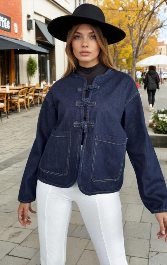 Pasaklı Giyim Kadın Kot Ceket – Bağlama Detaylı, Oval Kesim KT00102451  Lacivert