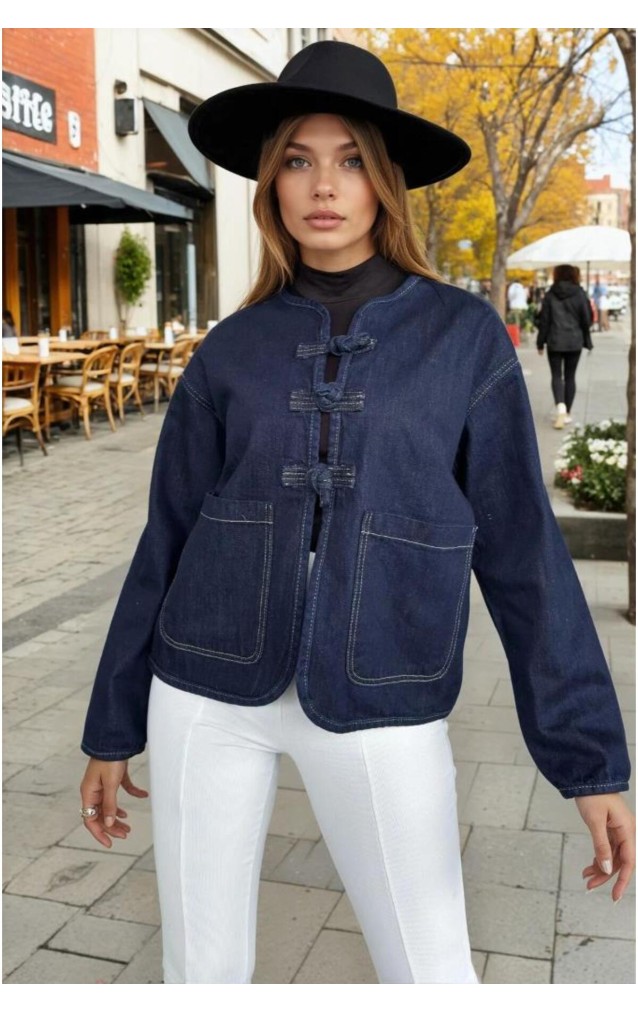 Pasaklı Giyim Kadın Kot Ceket – Bağlama Detaylı, Oval Kesim KT00102451  Lacivert