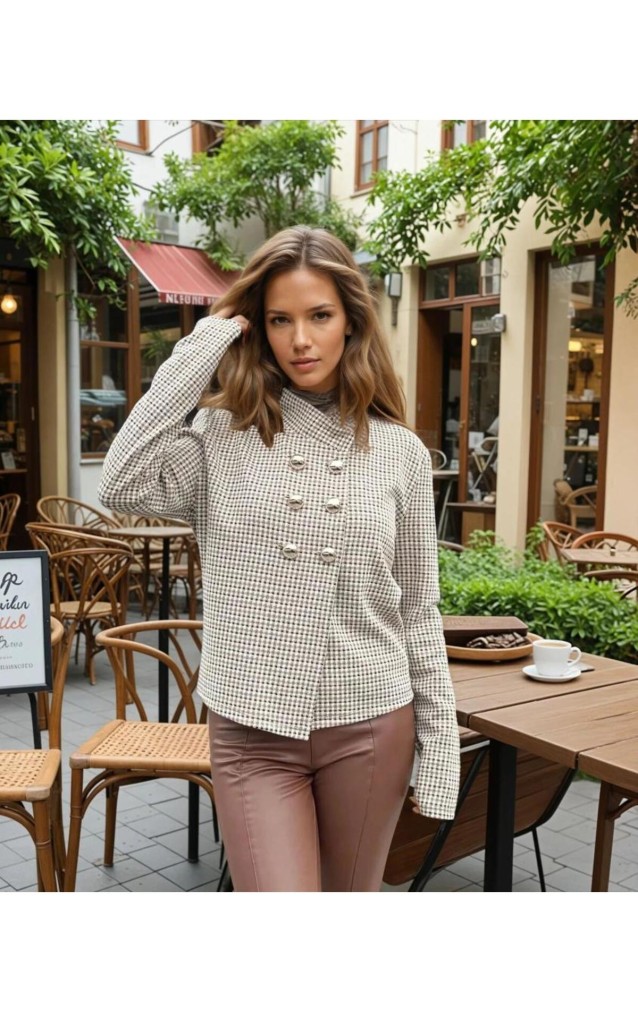 Kadın Ekose Dik Yaka İnce Baharlık Şık Tarz Jakar Örme Ceket (Astarsız) Vizon 3512230