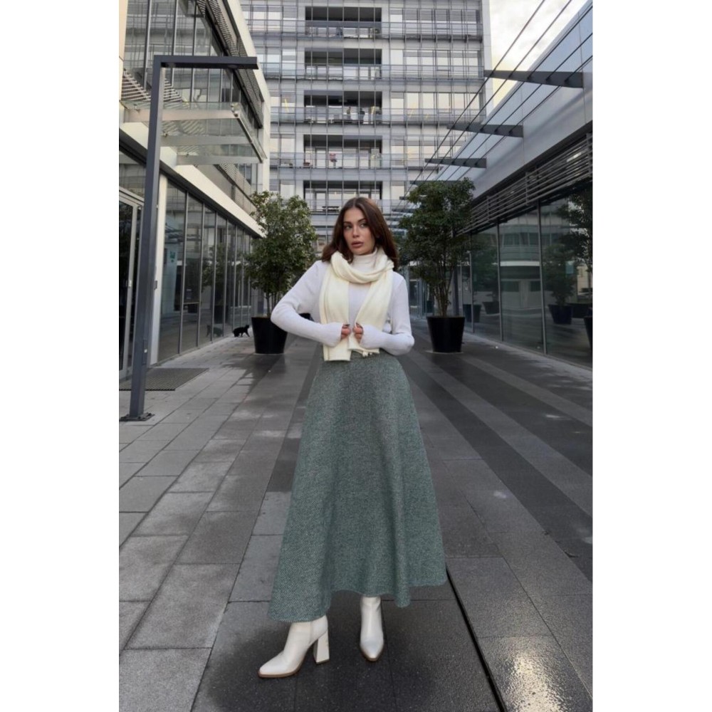 Pasaklı Giyim Pasaklı Giyim Kadın Kışlık Kırçıllı Kaşe Yüksek Bel Şık Uzun Kiloş Etek Zümrüt - Premium Kadın Giyim