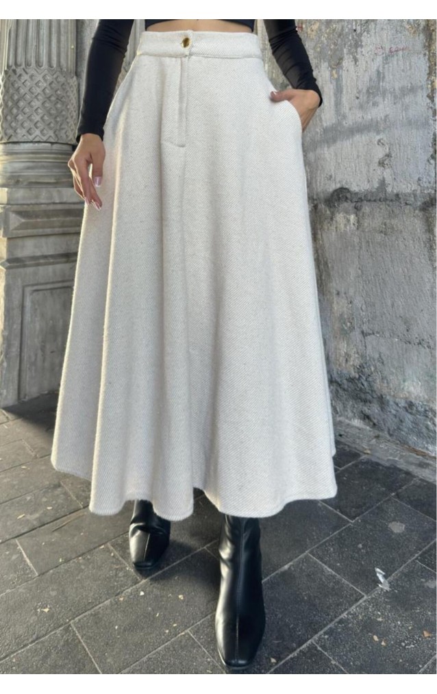 Pasaklı Giyim Kadın Kışlık Kırçıllı Kaşe Yüksek Bel Şık Uzun Kiloş Etek Bej 3528330