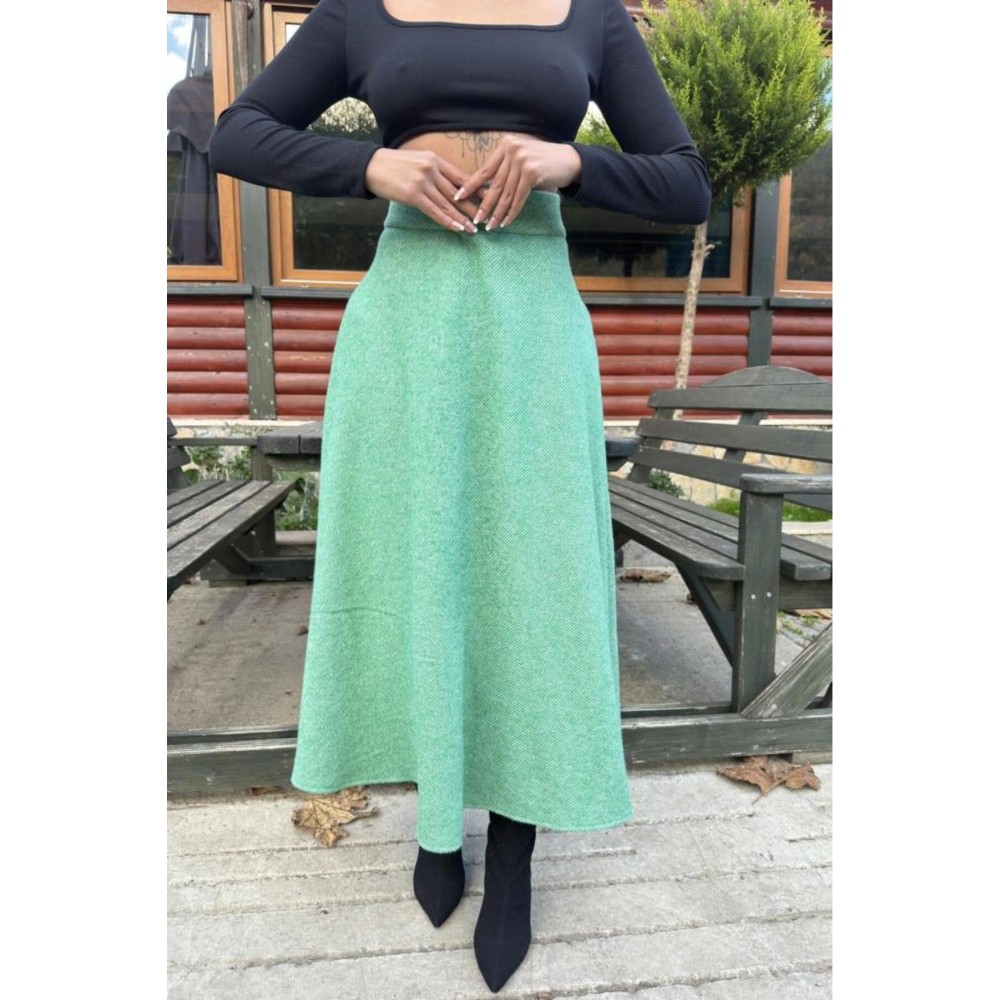 Pasaklı Giyim Pasaklı Giyim Kadın Kışlık Kırçıllı Kaşe Yüksek Bel Şık Uzun Kiloş Etek Yeşil - Premium Kadın Giyim
