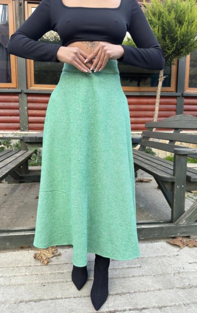 Pasaklı Giyim Kadın Kışlık Kırçıllı Kaşe Yüksek Bel Şık Uzun Kiloş Etek Yeşil 3528330