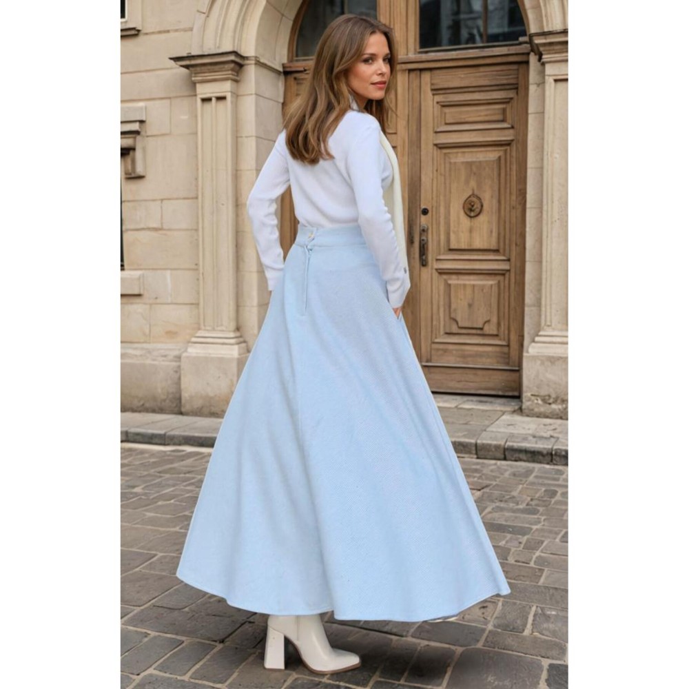 Pasaklı Giyim Pasaklı Giyim Kadın Kışlık Kırçıllı Kaşe Yüksek Bel Şık Uzun Kiloş Etek Mavi - Premium Kadın Giyim