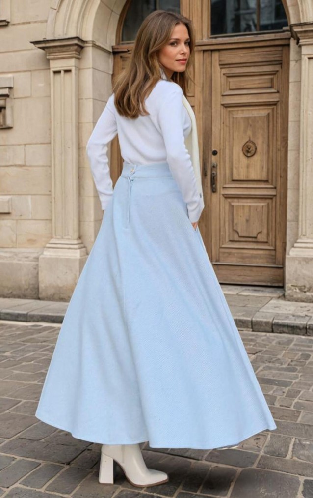 Pasaklı Giyim Kadın Kışlık Kırçıllı Kaşe Yüksek Bel Şık Uzun Kiloş Etek Mavi 3528330