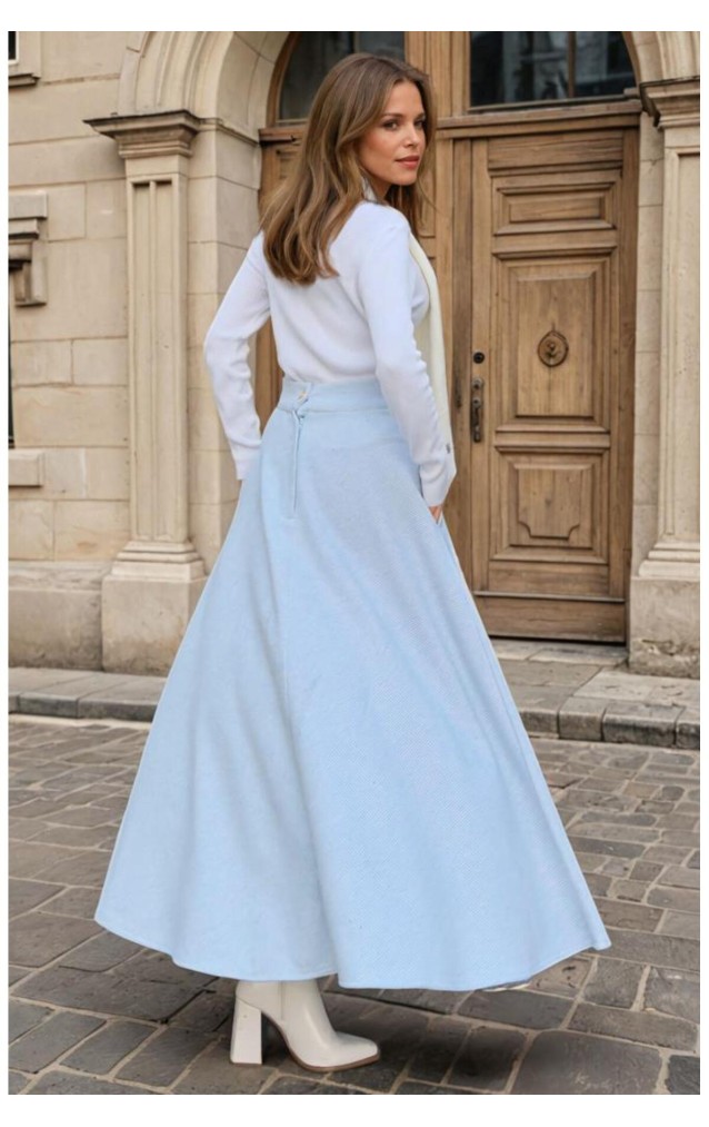 Pasaklı Giyim Kadın Kışlık Kırçıllı Kaşe Yüksek Bel Şık Uzun Kiloş Etek Mavi 3528330