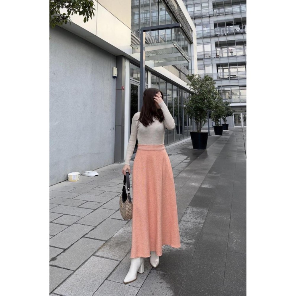 Pasaklı Giyim Pasaklı Giyim Kadın Kışlık Kırçıllı Kaşe Yüksek Bel Şık Uzun Kiloş Etek Turuncu - Premium Kadın Giyim