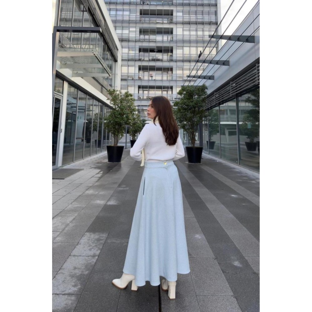 Pasaklı Giyim Pasaklı Giyim Kadın Kışlık Kırçıllı Kaşe Yüksek Bel Şık Uzun Kiloş Etek Mavi - Premium Kadın Giyim