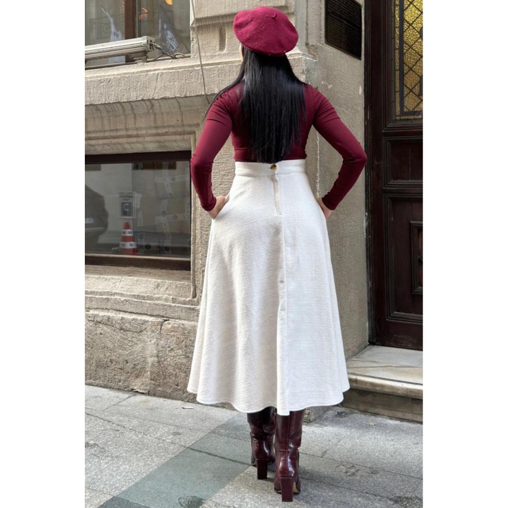 Pasaklı Giyim Pasaklı Giyim Kadın Kışlık Kırçıllı Kaşe Yüksek Bel Şık Uzun Kiloş Etek Ekru - Premium Kadın Giyim