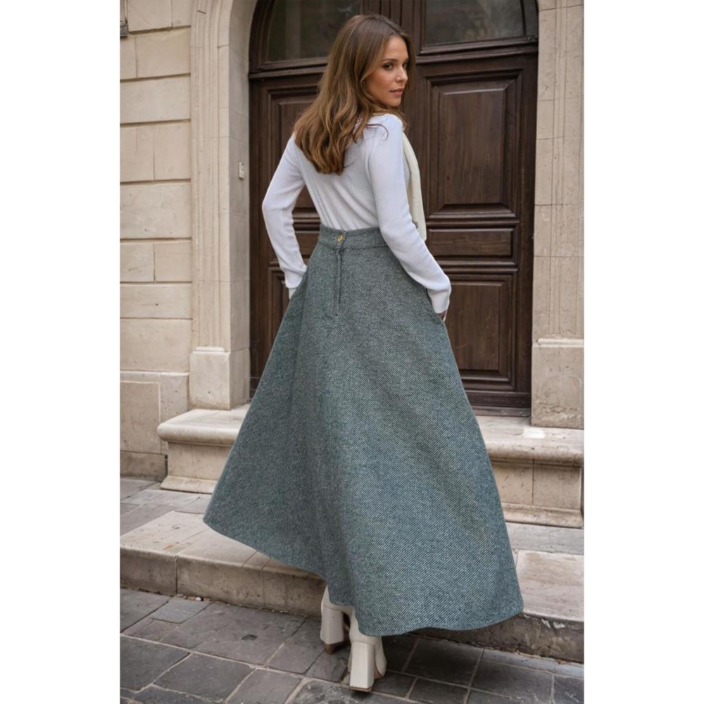 Pasaklı Giyim Pasaklı Giyim Kadın Kışlık Kırçıllı Kaşe Yüksek Bel Şık Uzun Kiloş Etek Zümrüt - Premium Kadın Giyim