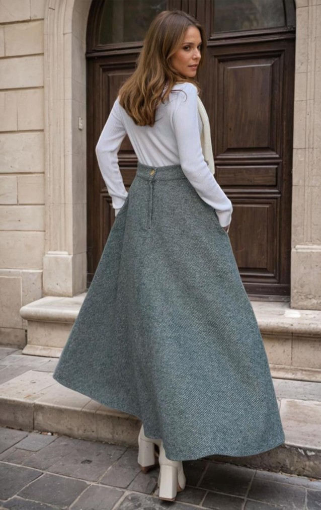 Pasaklı Giyim Kadın Kışlık Kırçıllı Kaşe Yüksek Bel Şık Uzun Kiloş Etek Zümrüt 3528330