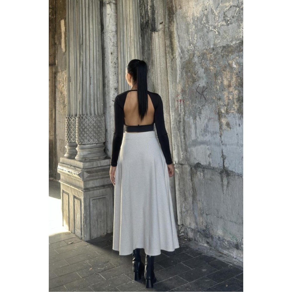 Pasaklı Giyim Pasaklı Giyim Kadın Kışlık Kırçıllı Kaşe Yüksek Bel Şık Uzun Kiloş Etek Bej - Premium Kadın Giyim