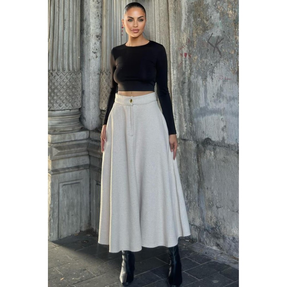 Pasaklı Giyim Pasaklı Giyim Kadın Kışlık Kırçıllı Kaşe Yüksek Bel Şık Uzun Kiloş Etek Bej - Premium Kadın Giyim