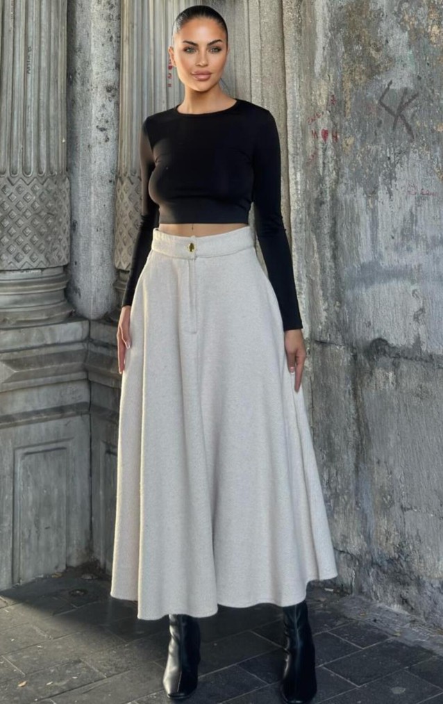 Pasaklı Giyim Kadın Kışlık Kırçıllı Kaşe Yüksek Bel Şık Uzun Kiloş Etek Bej 3528330