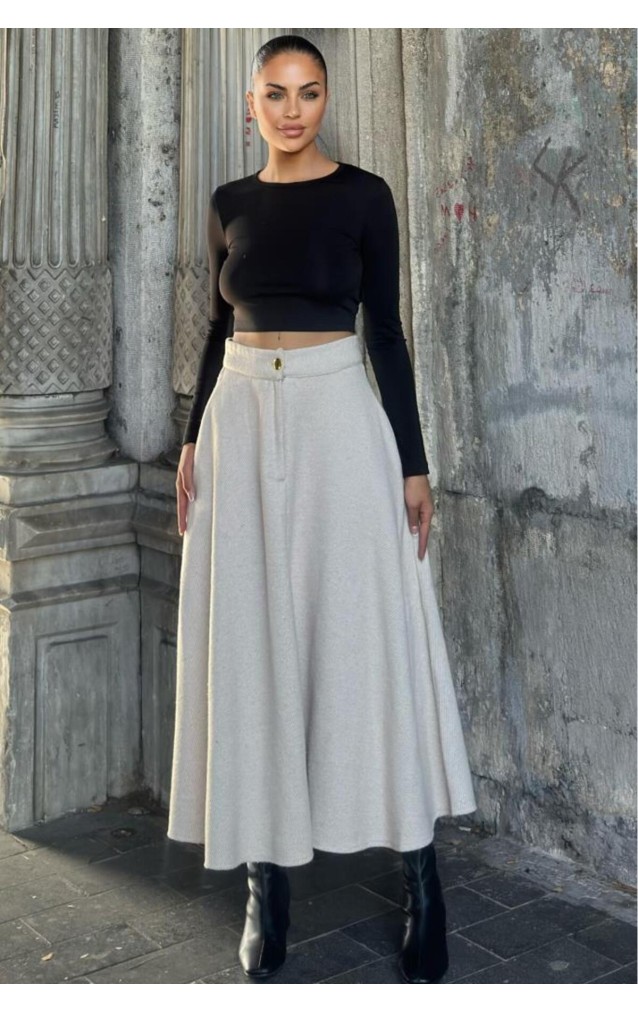 Pasaklı Giyim Kadın Kışlık Kırçıllı Kaşe Yüksek Bel Şık Uzun Kiloş Etek Bej 3528330