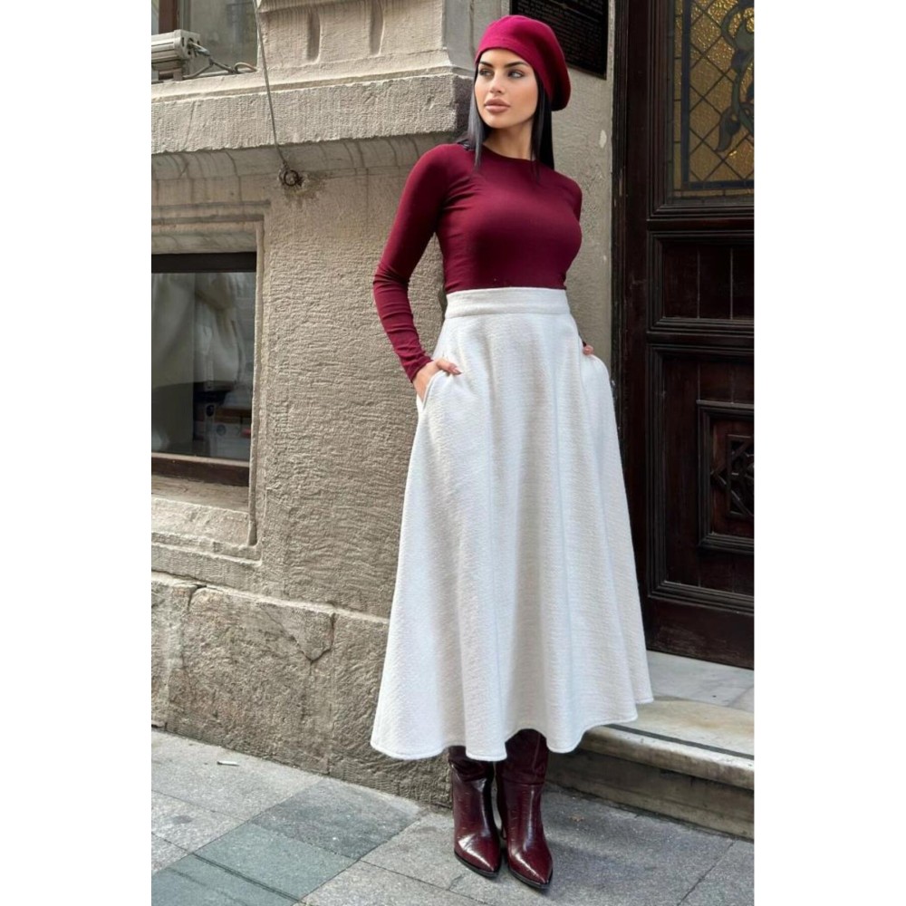 Pasaklı Giyim Pasaklı Giyim Kadın Kışlık Kırçıllı Kaşe Yüksek Bel Şık Uzun Kiloş Etek Ekru - Premium Kadın Giyim