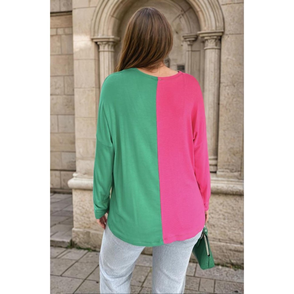 Pasaklı Giyim Pasaklı Giyim Kadın Color Block V Yaka Bluz Fuşya - Premium Kadın Giyim