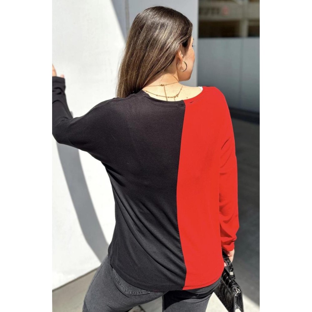 Pasaklı Giyim Pasaklı Giyim Kadın Color Block V Yaka Bluz Kırmızı - Premium Kadın Giyim