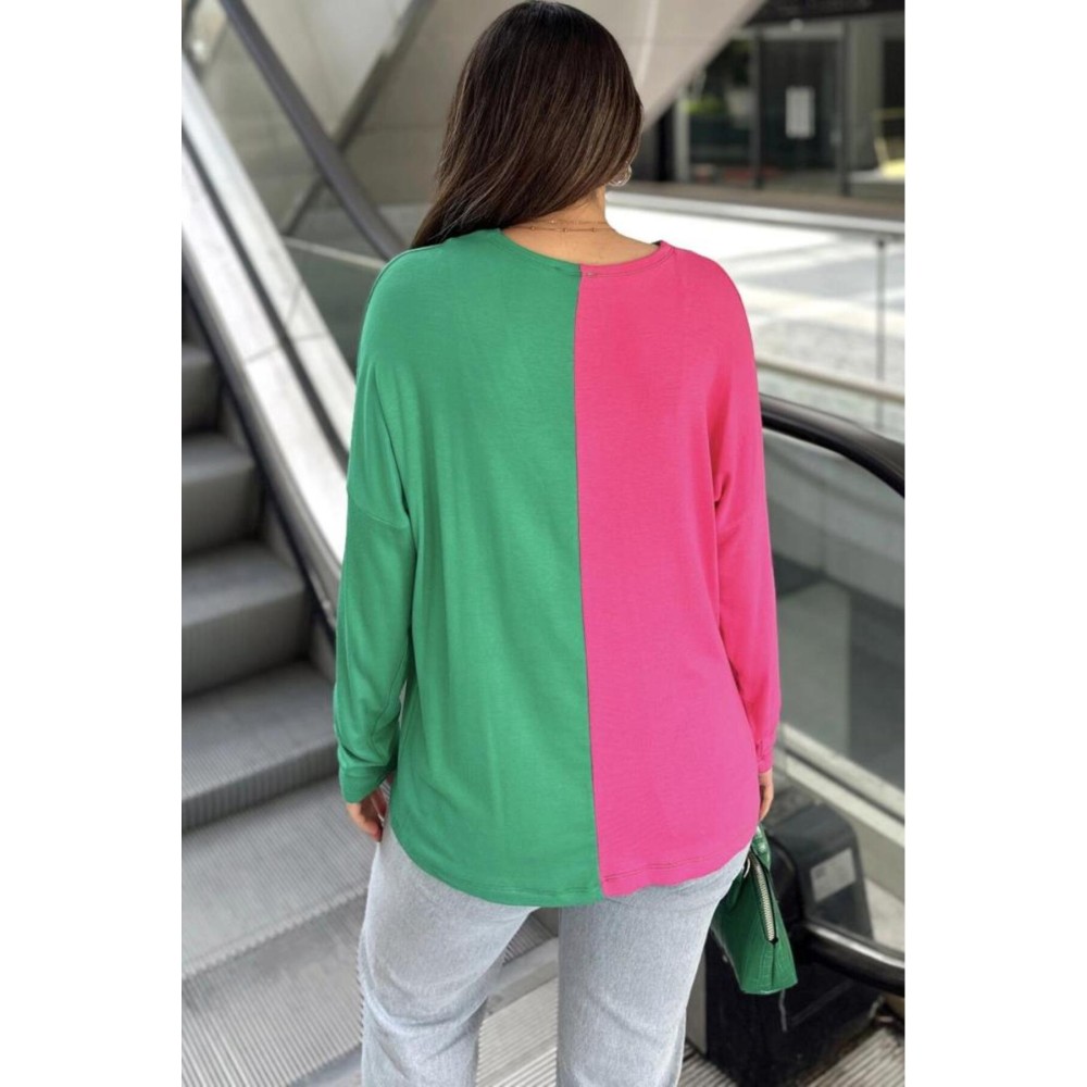 Pasaklı Giyim Pasaklı Giyim Kadın Color Block V Yaka Bluz Fuşya - Premium Kadın Giyim