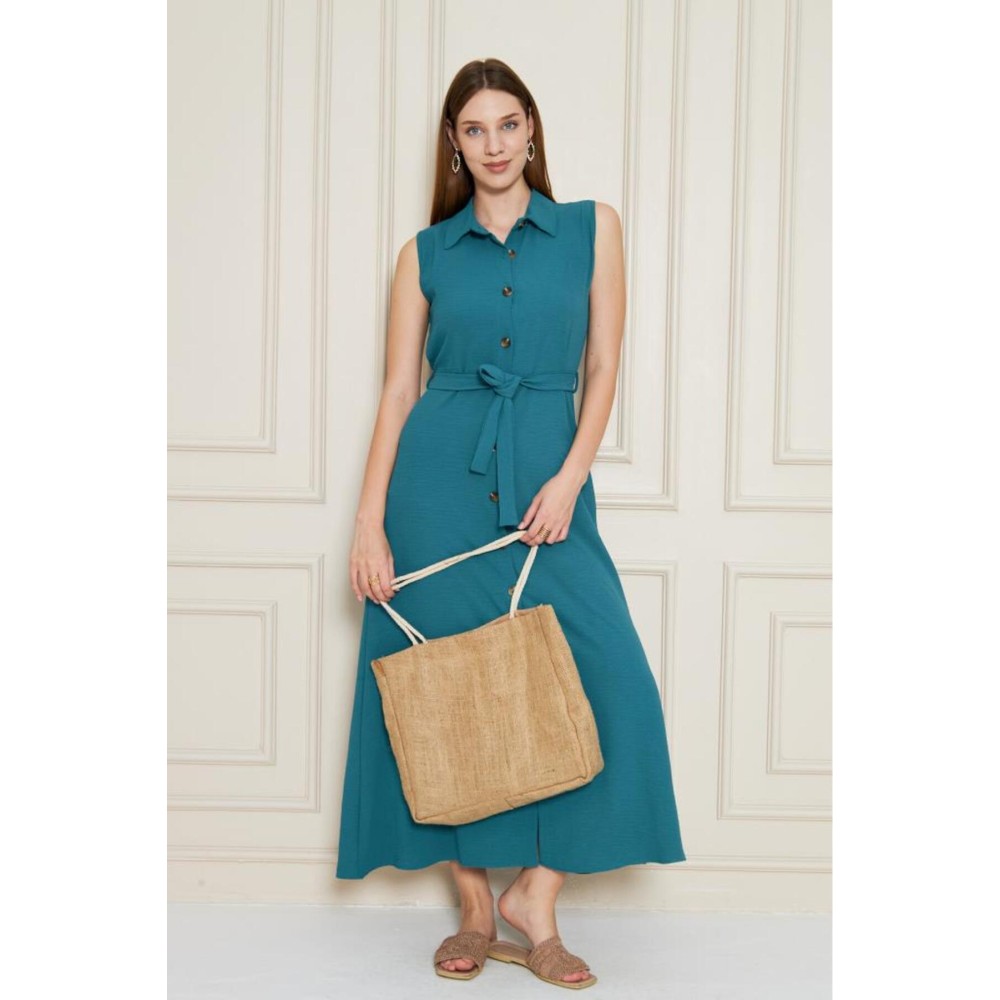 Pasaklı Giyim Pasaklı Giyim Giy Çık Kolsuz Uzun Gömlek Elbise Petrol Yeşil - Premium Kadın Giyim