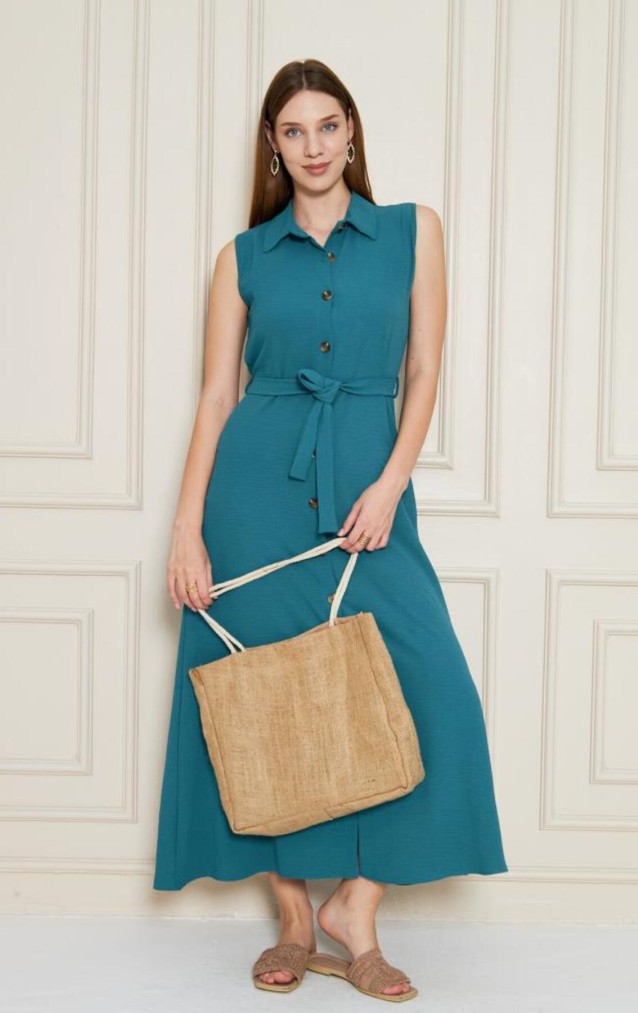 Pasaklı Giyim Giy Çık Kolsuz Uzun Gömlek Elbise 3762385 Petrol Yeşil