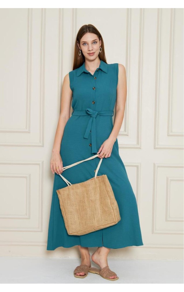 Pasaklı Giyim Giy Çık Kolsuz Uzun Gömlek Elbise 3762385 Petrol Yeşil