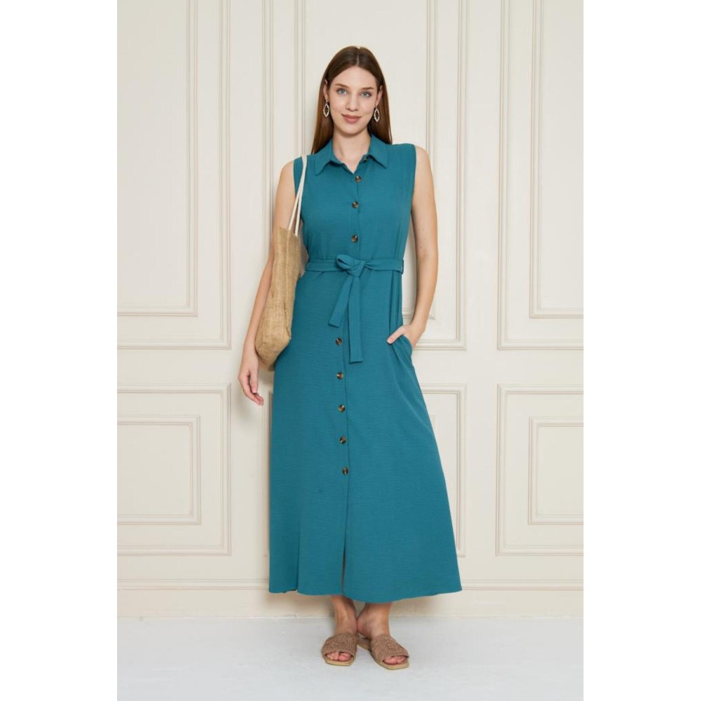 Pasaklı Giyim Pasaklı Giyim Giy Çık Kolsuz Uzun Gömlek Elbise Petrol Yeşil - Premium Kadın Giyim