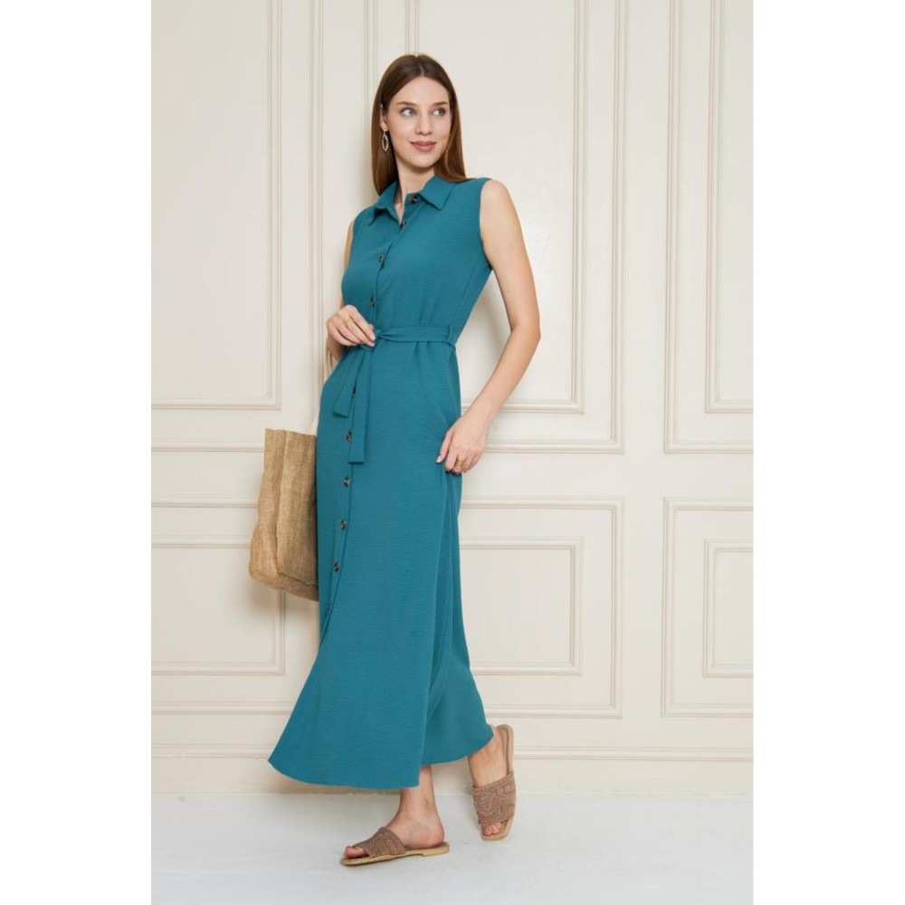 Pasaklı Giyim Pasaklı Giyim Giy Çık Kolsuz Uzun Gömlek Elbise Petrol Yeşil - Premium Kadın Giyim