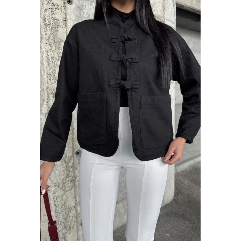 Pasaklı Giyim Pasaklı Giyim Kadın Kot Ceket – Bağlama Detaylı, Oval Kesim Siyah - Premium Kadın Giyim