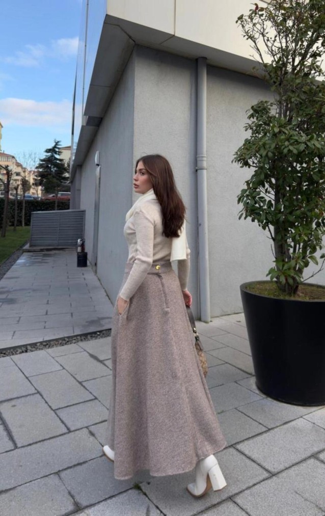 Pasaklı Giyim Kadın Kışlık Kırçıllı Kaşe Yüksek Bel Şık Uzun Kiloş Etek Kahverengi 3528330